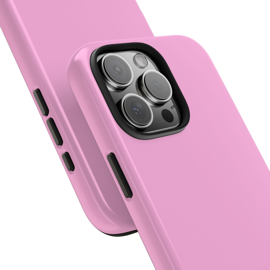 Pink phone case with camera cutout and side buttons, smooth back