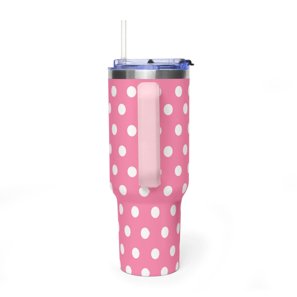 Pink 40oz stainless tumbler with white polka dots, clear lid and straw