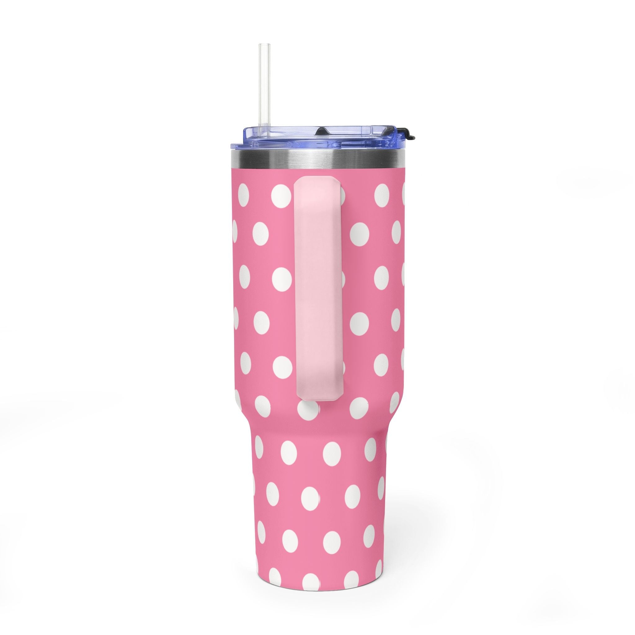 Pink 40oz stainless tumbler with white polka dots, clear lid and straw