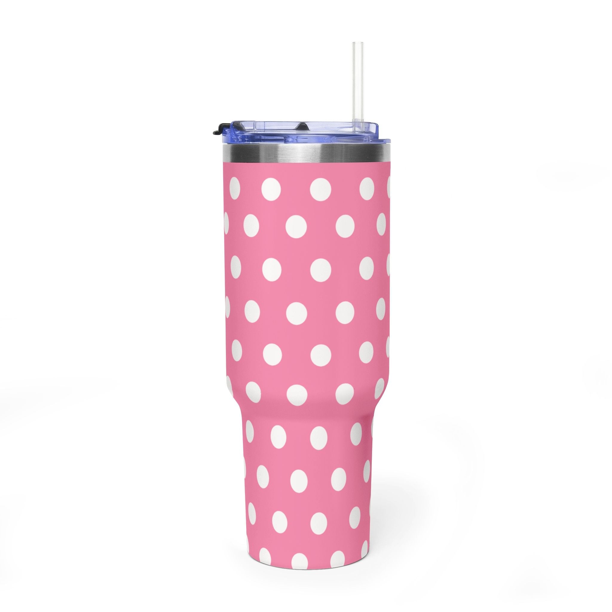 Pink 40oz tumbler with white polka dots, clear lid and straw, front view