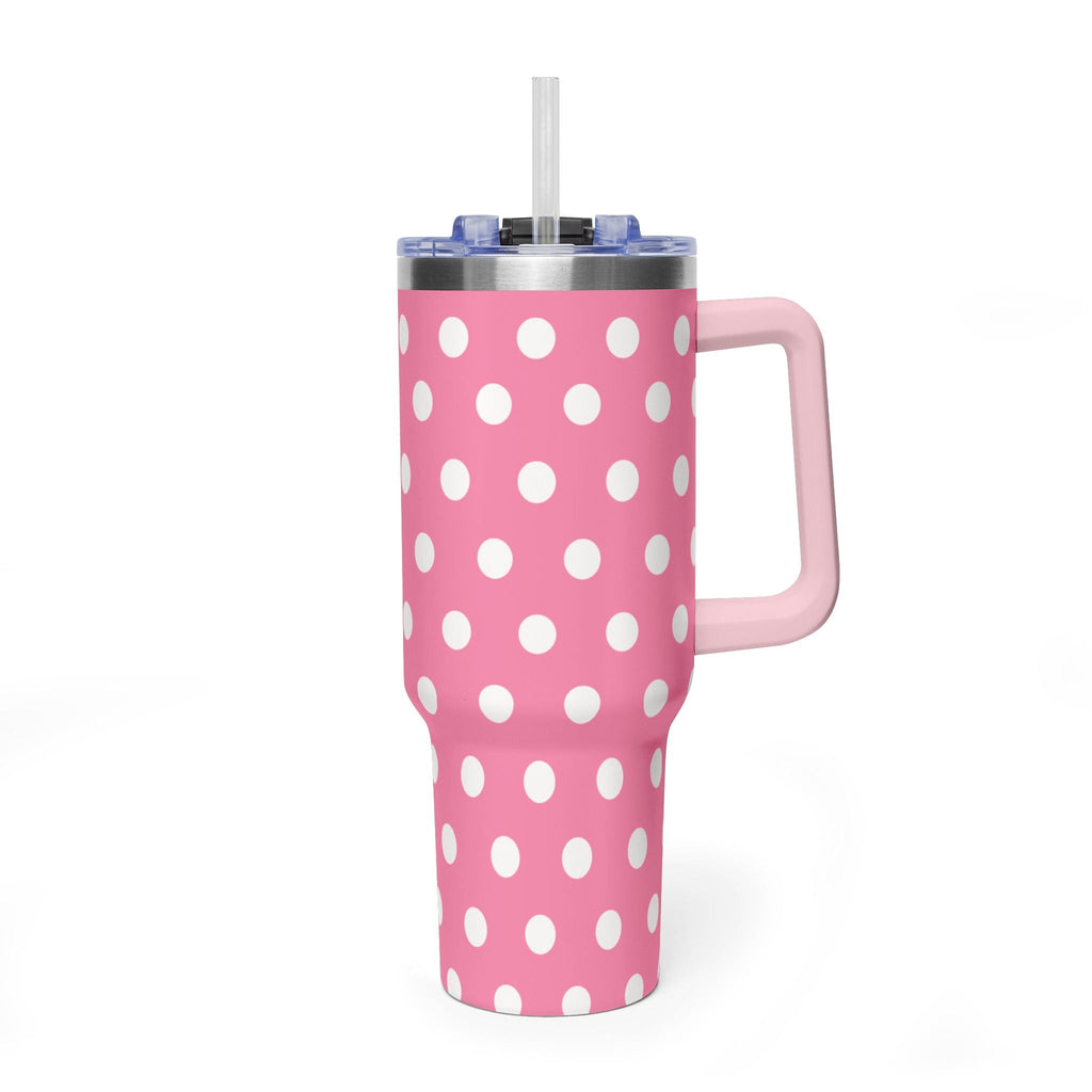 Pink 40oz stainless tumbler with white polka dots, clear lid and straw