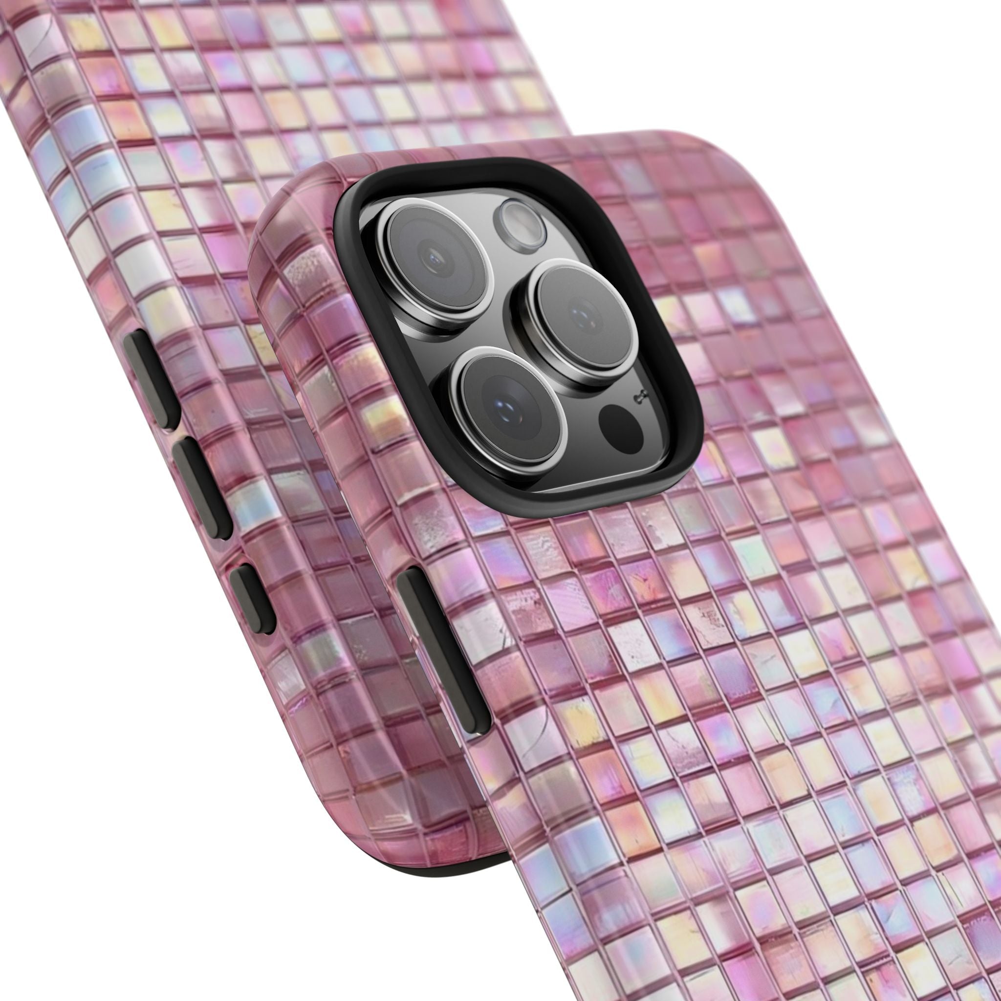 Angled pink mosaic phone case with raised camera frame and square grid pattern