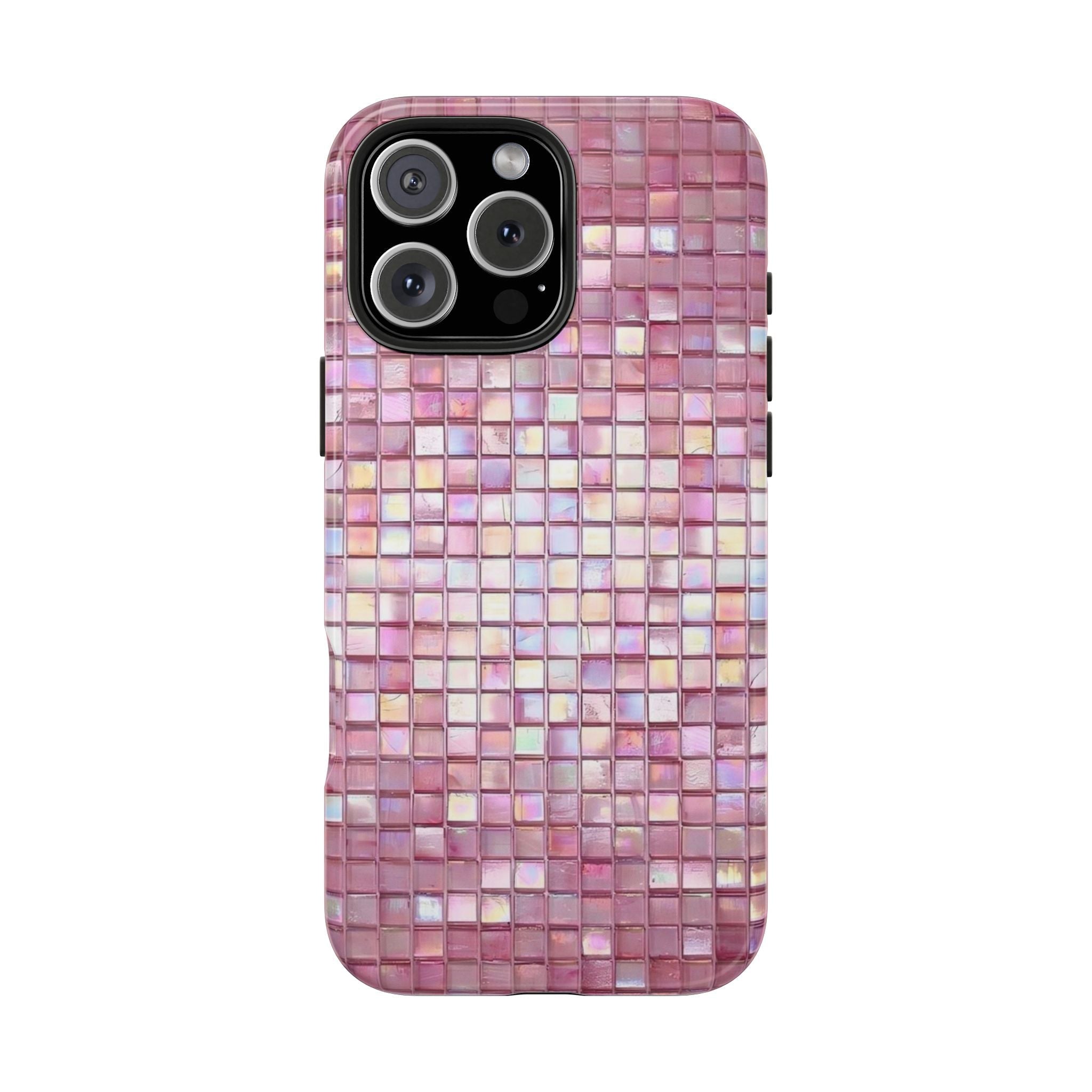 Pink mosaic phone case with grid pattern, camera lenses, and flash cutout
