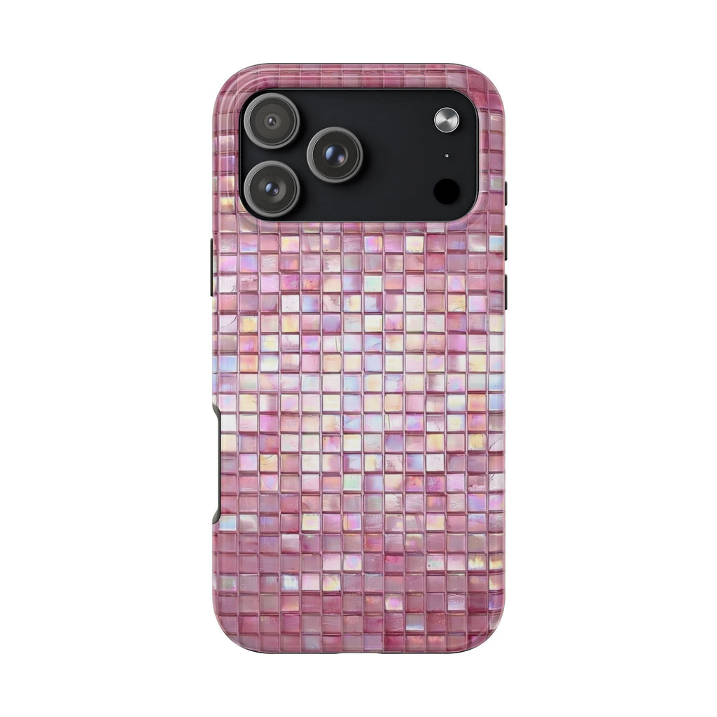 Pink mosaic phone case with square checkered pattern and camera cutouts