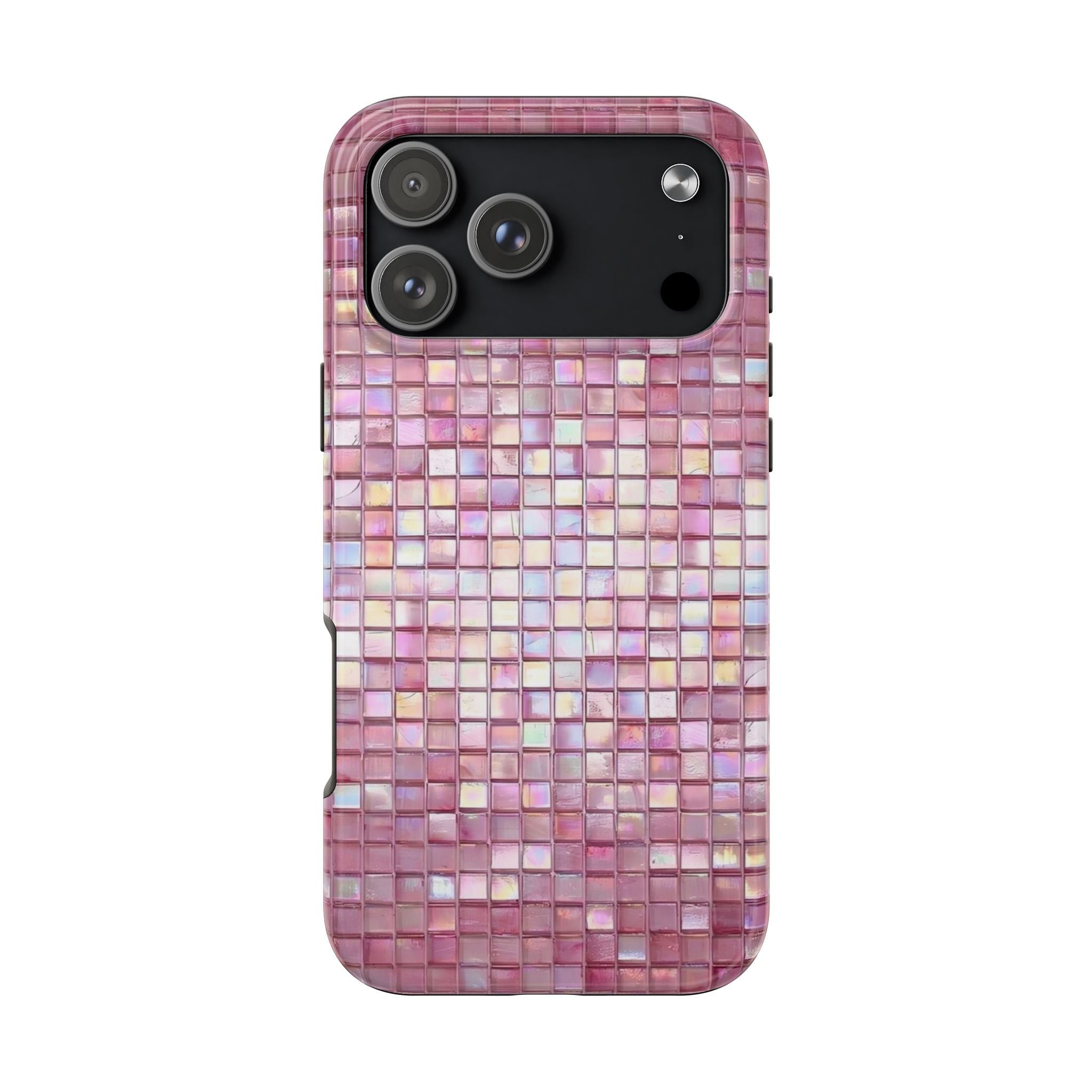 Pink mosaic phone case with square checkered pattern and camera cutouts
