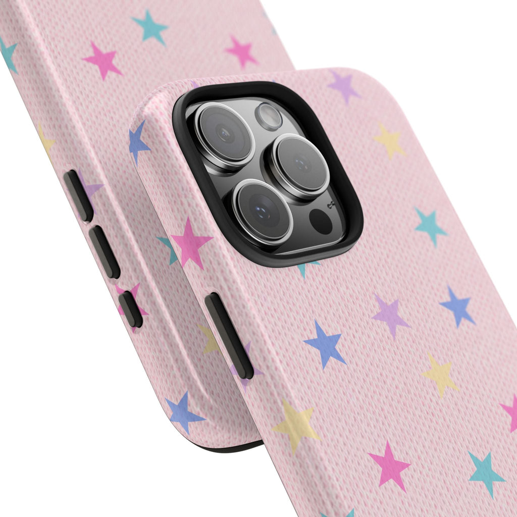 Pink multicolor star phone case corner view, textured grip, camera lens openings