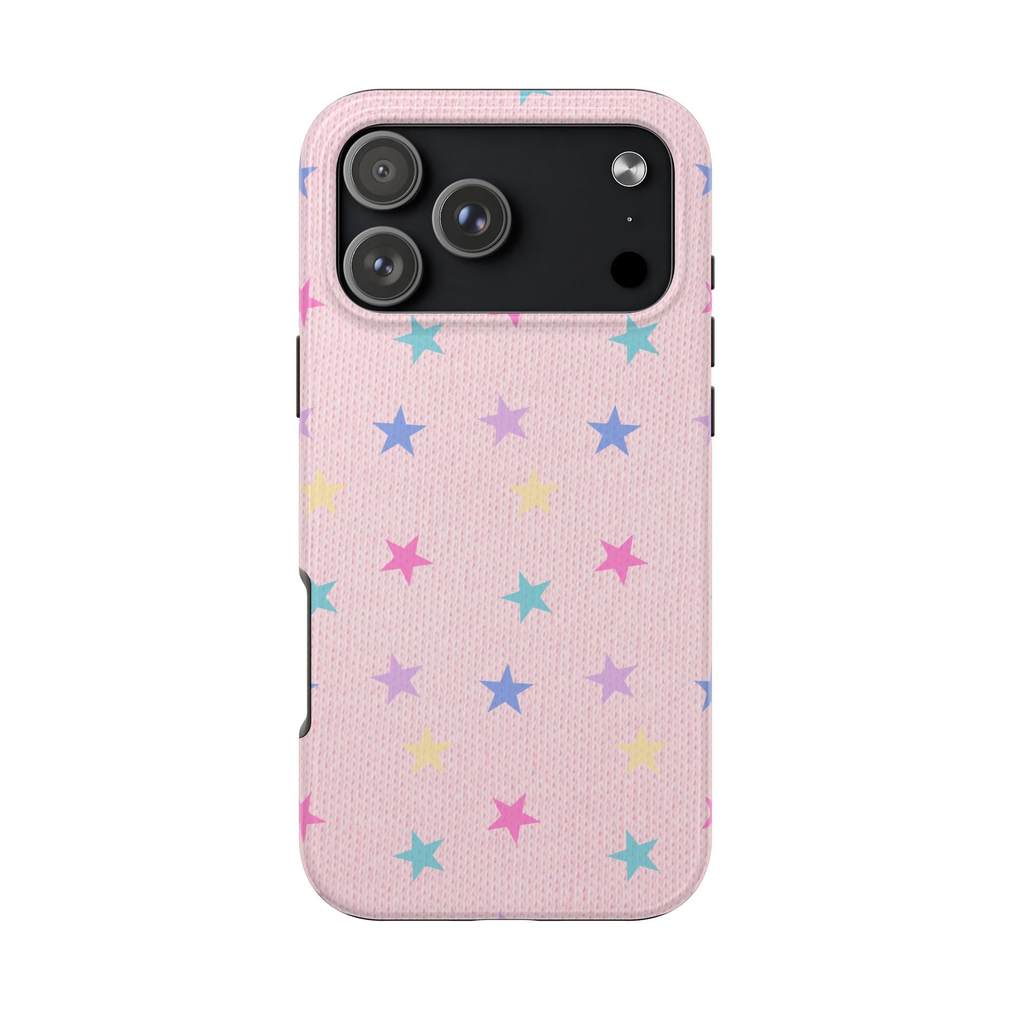 Pink phone case with multicolor star pattern, textured finish, raised camera cutouts