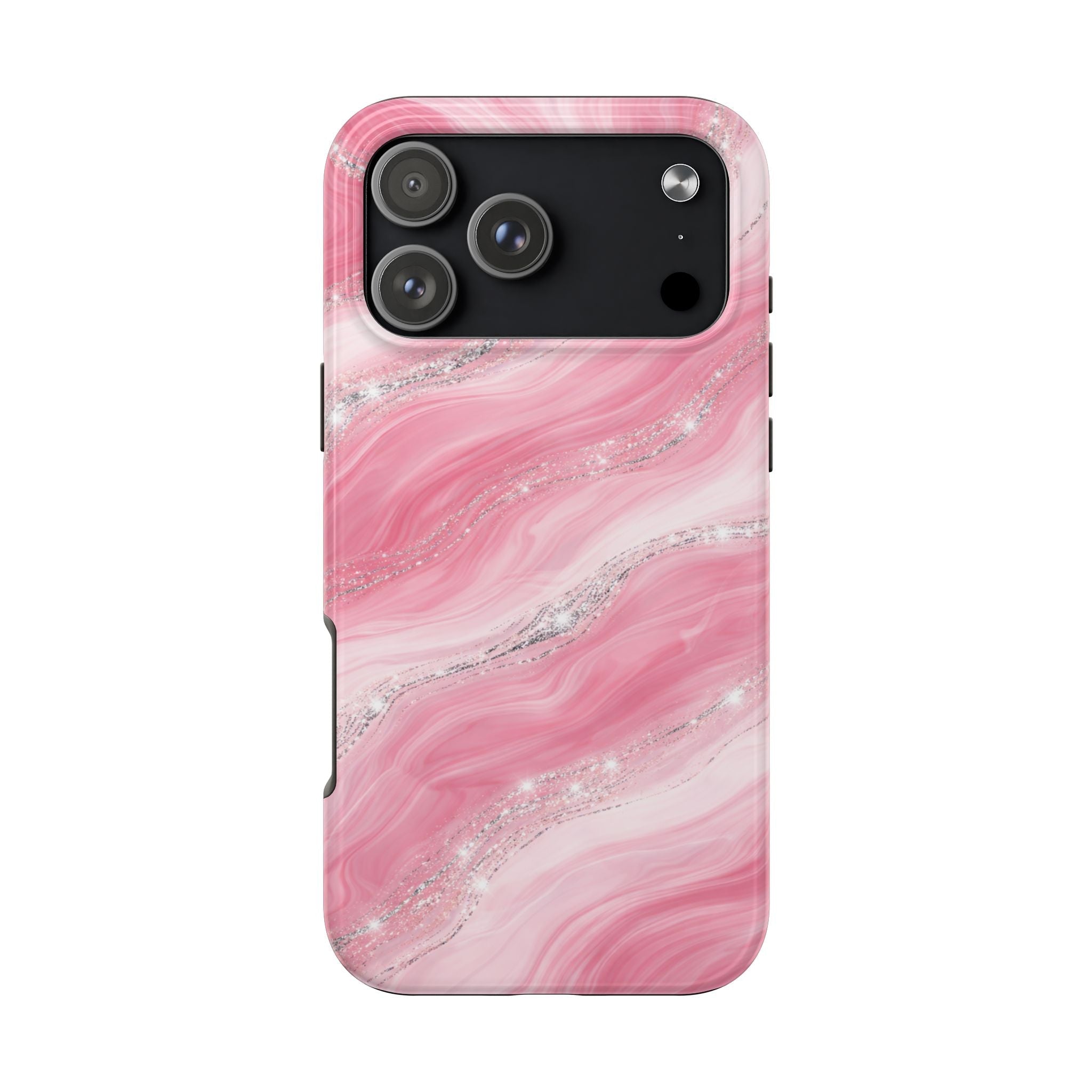 Pink marble phone case with silver swirl design and camera cutouts