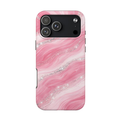 Pink marble phone case with silver swirl design and camera cutouts