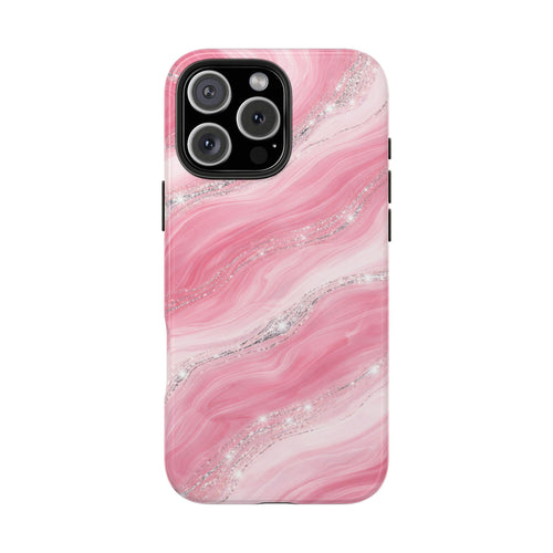 Pink marble phone case with silver glitter swirls across back and camera bump