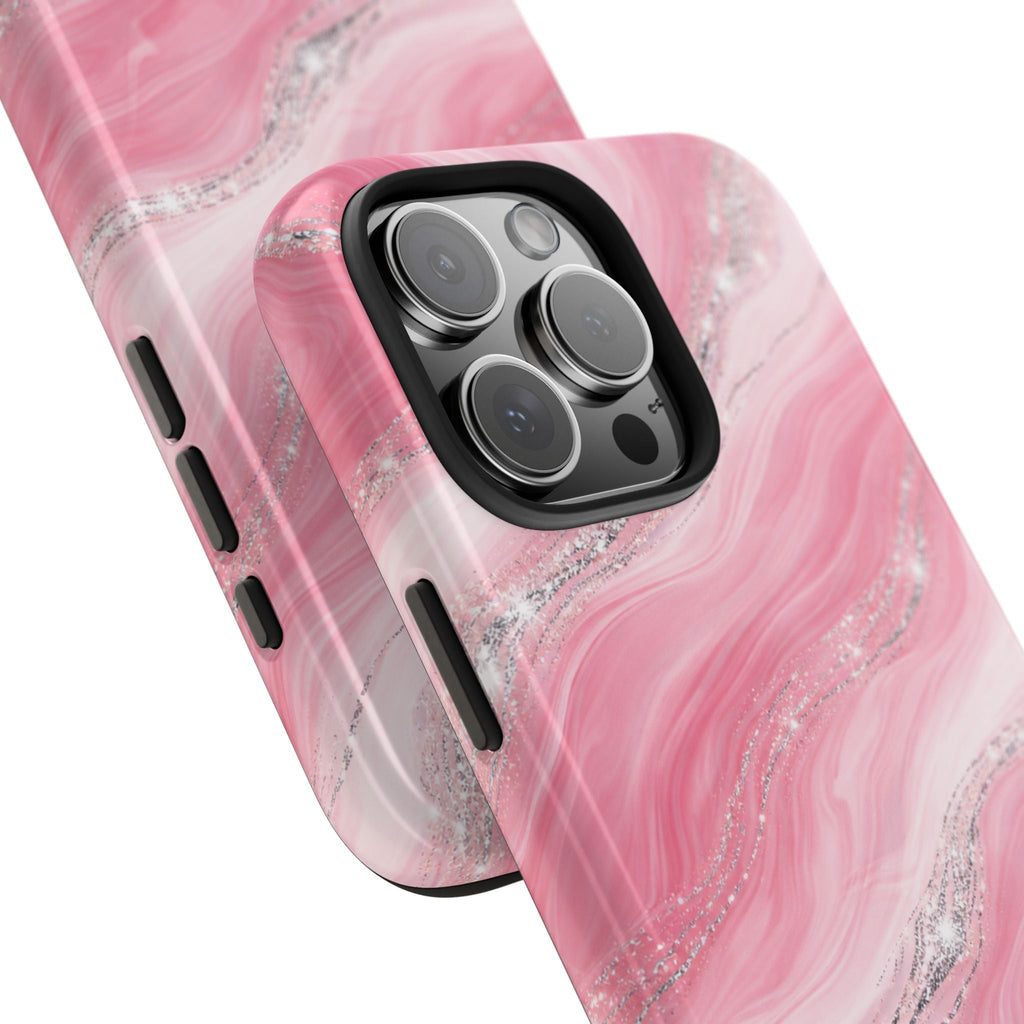 Pink marble phone case with silver swirl pattern, raised camera ring