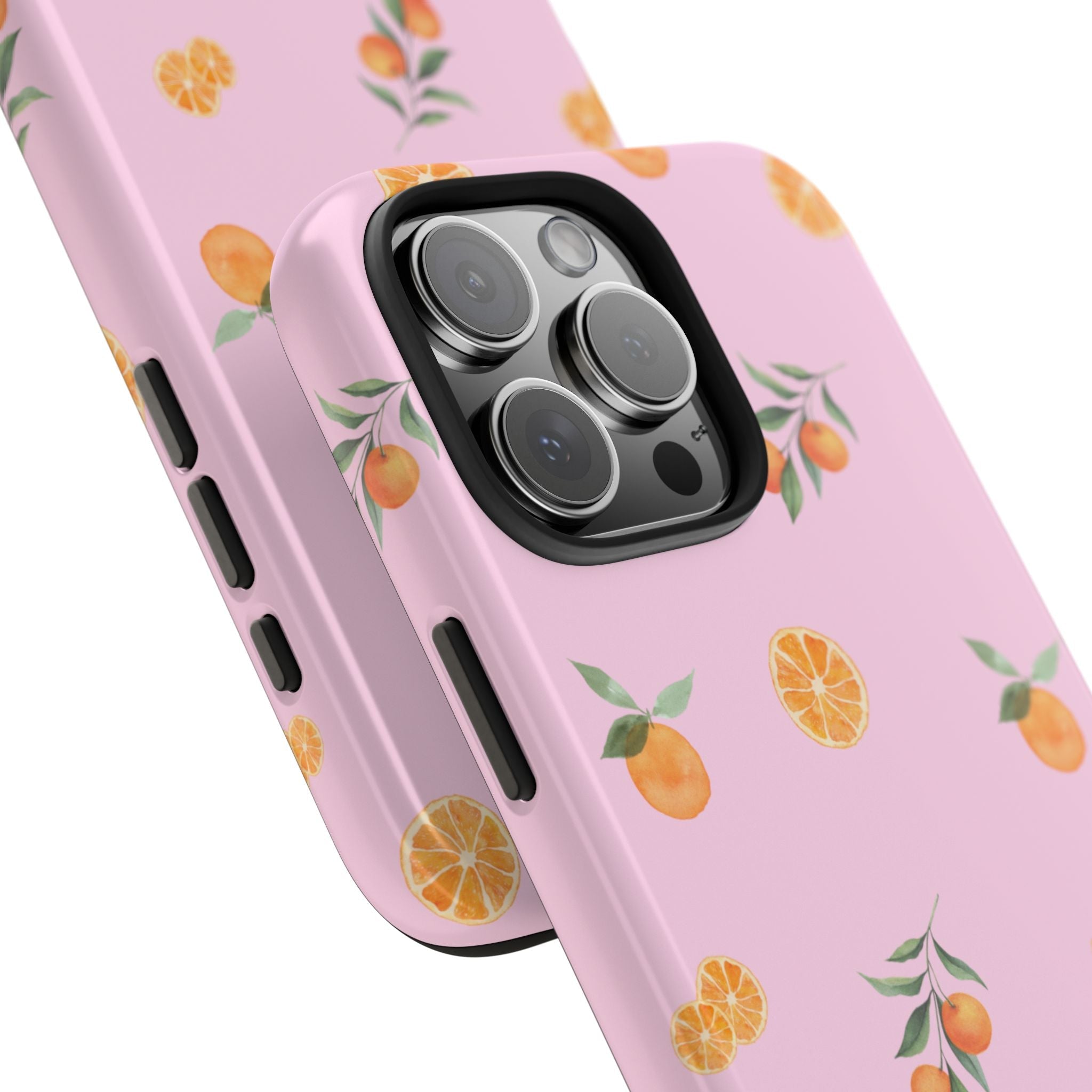Pink patterned phone case with orange and lemon print, slim edges and camera cutout