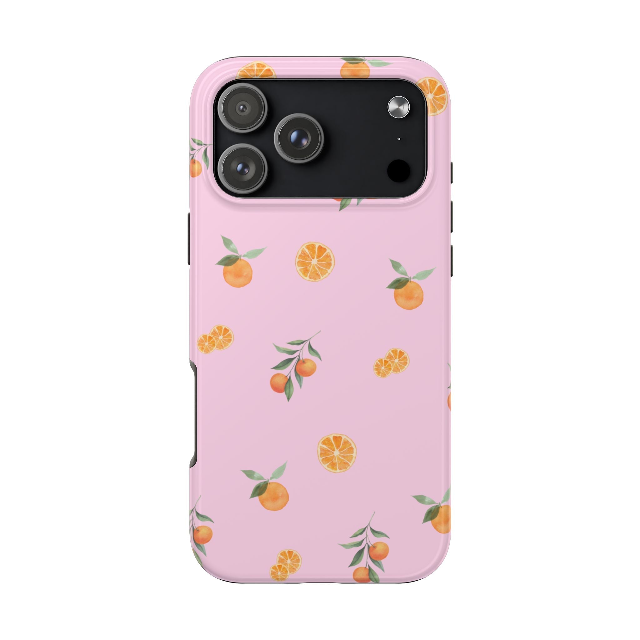 Pink phone case with orange and lemon fruit pattern, raised camera cutout