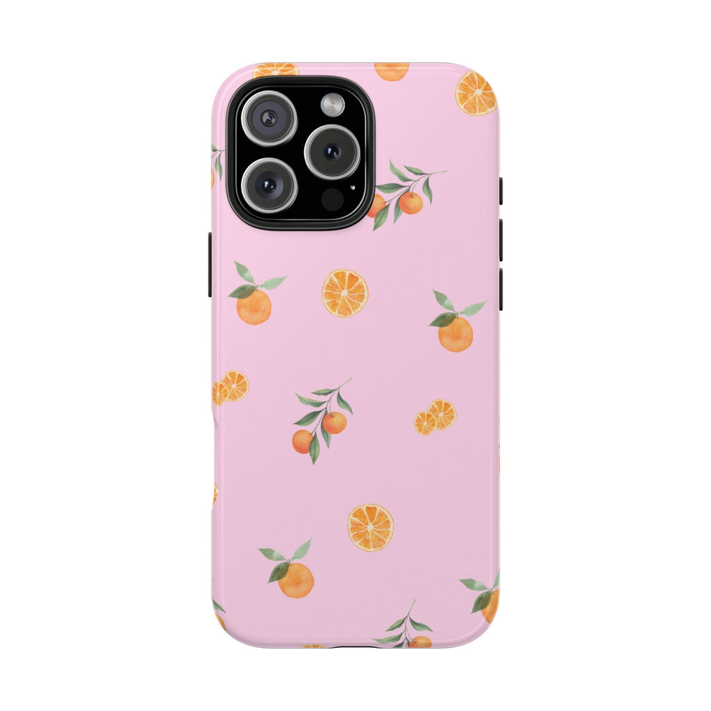 Pink phone case with citrus fruit pattern, side button cutouts and camera opening