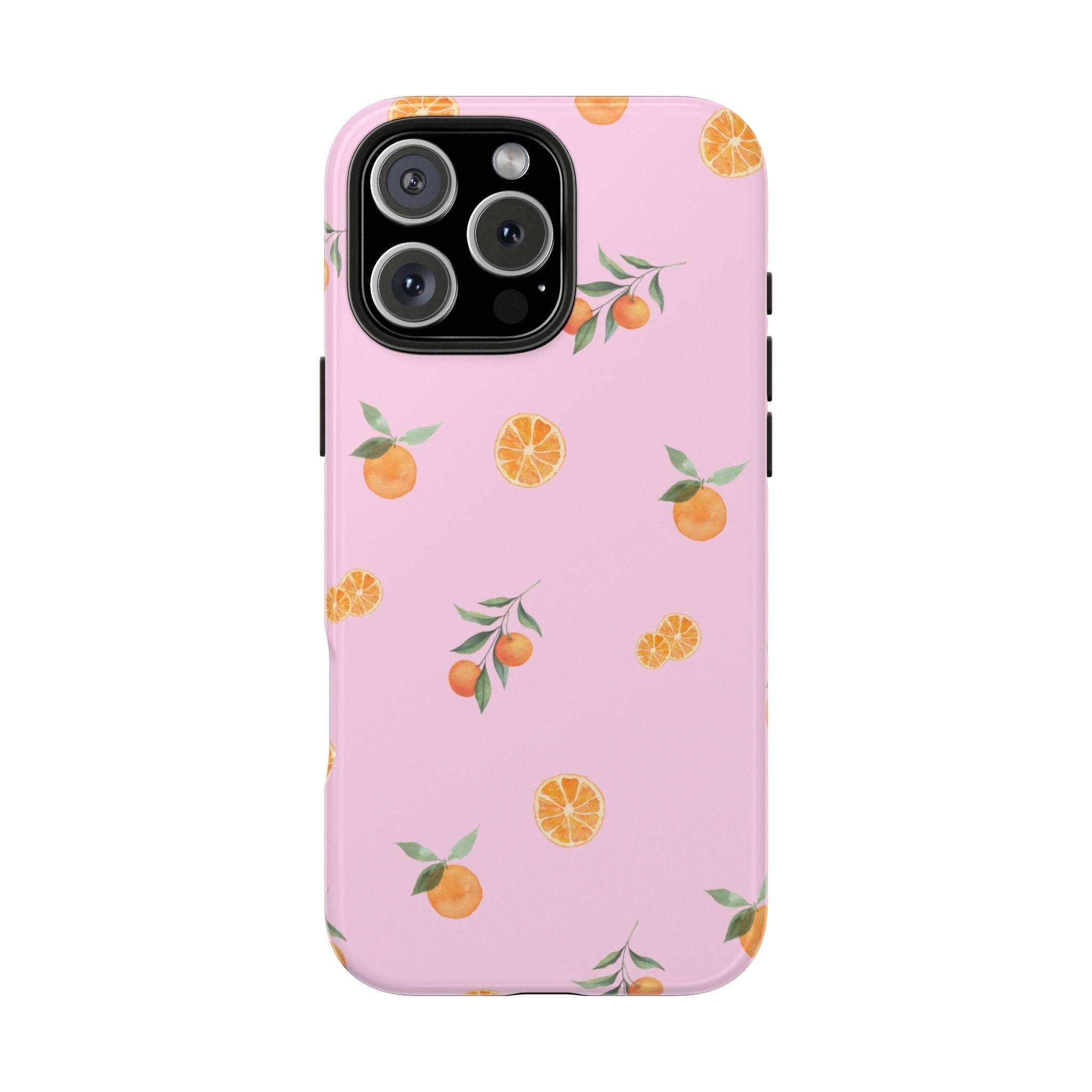 Pink phone case with citrus fruit pattern, side button cutouts and camera opening