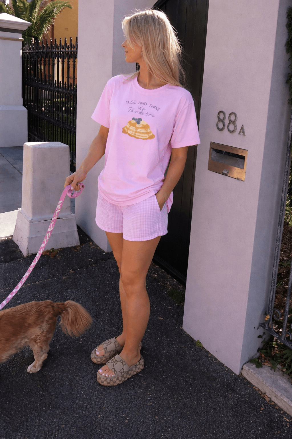 Pink T-shirt, back print with 'Rise and Shine' pancake time.