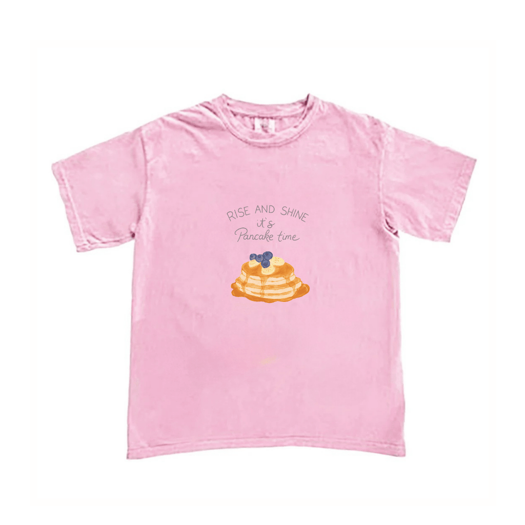 Pink T-shirt, front print of pancakes with 'Rise and Shine' text.