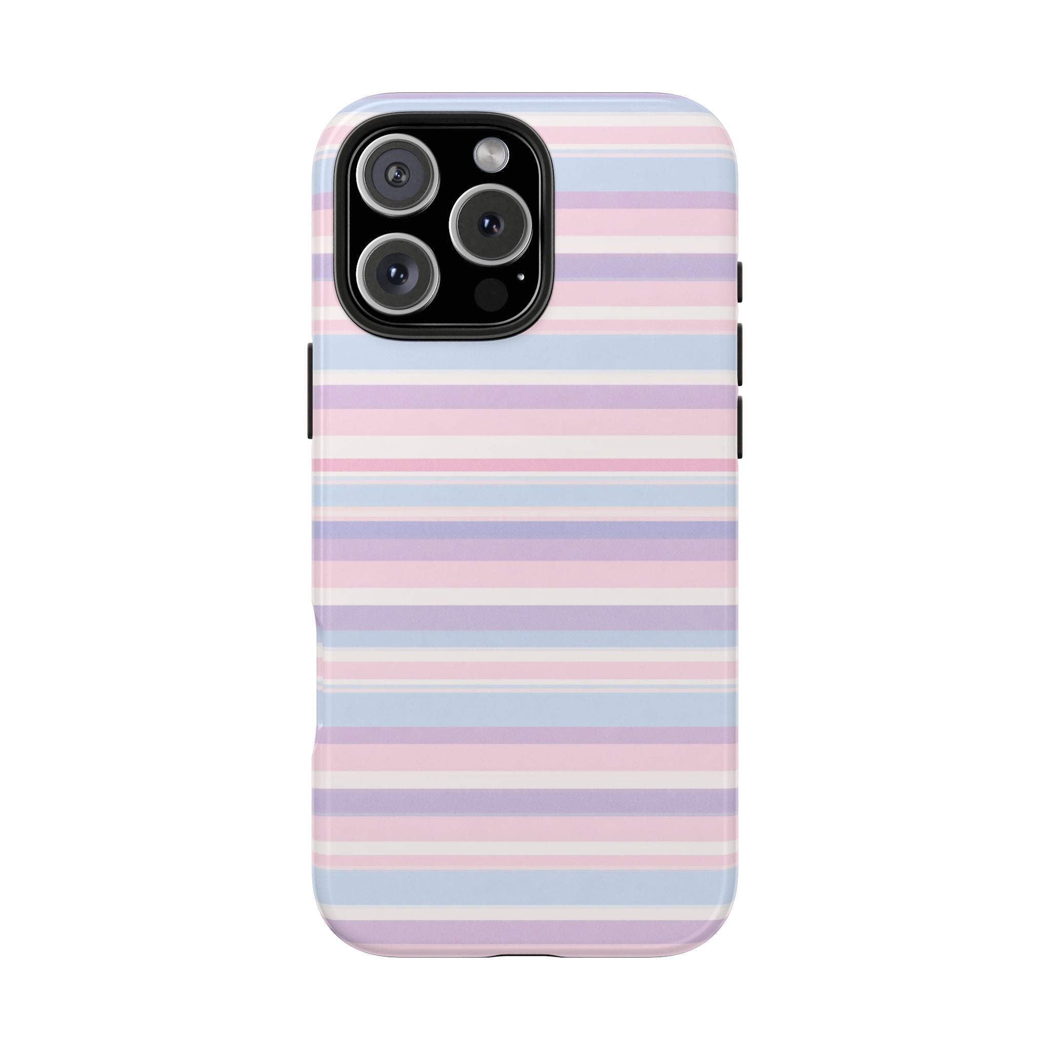 Pink pastel striped phone case with camera cutout and raised edges