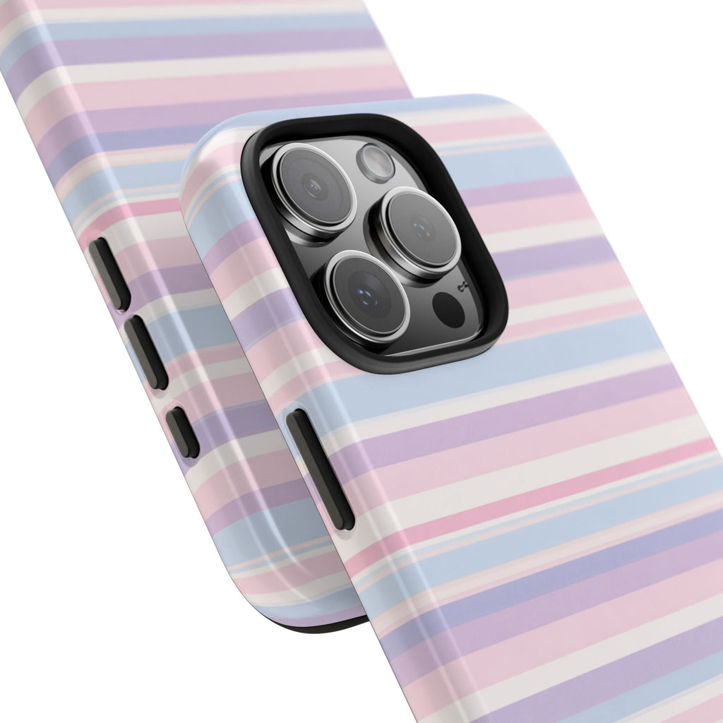 Pink pastel striped phone case corner with camera module visible on angled case