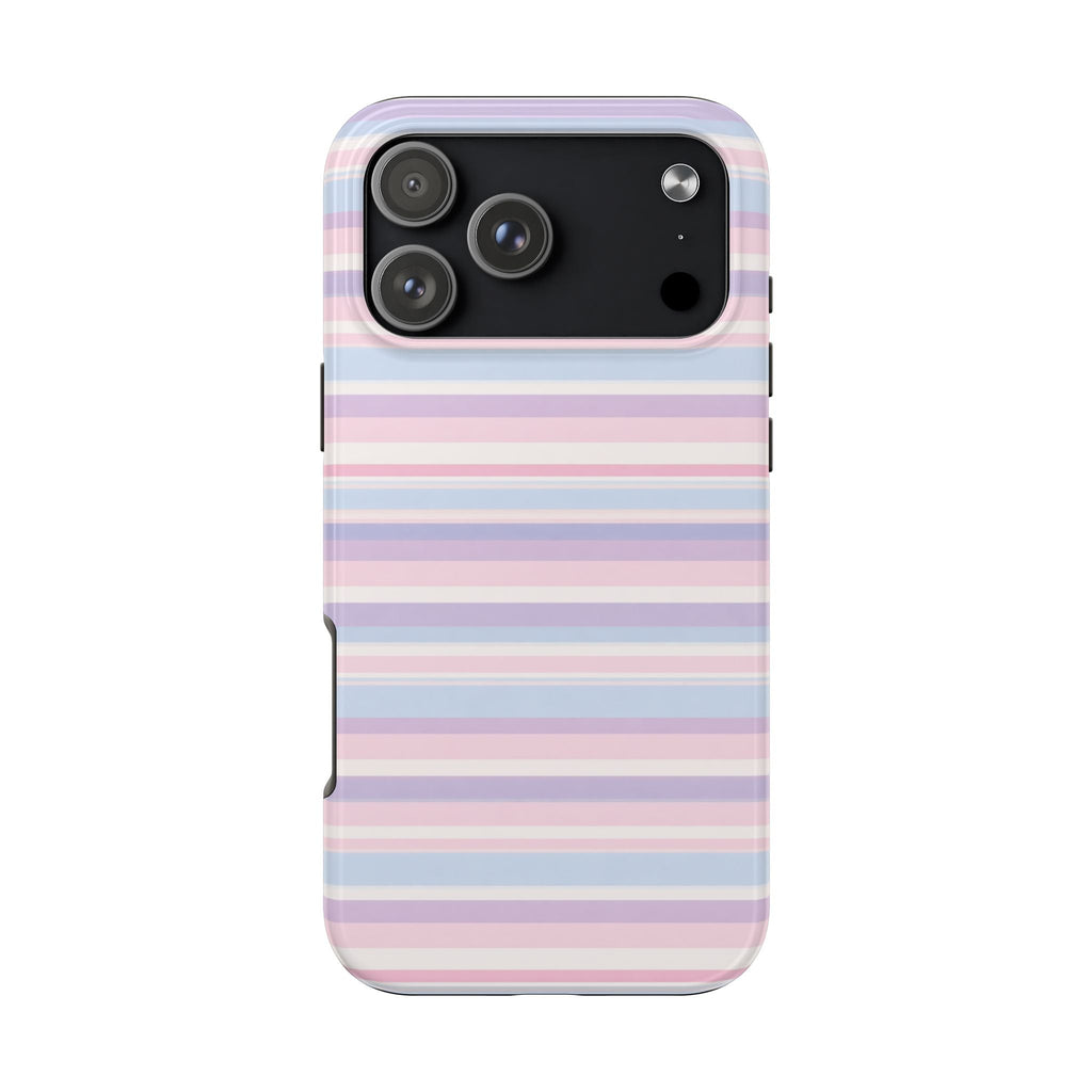 Pink pastel striped phone case, back view with camera lenses and flash window