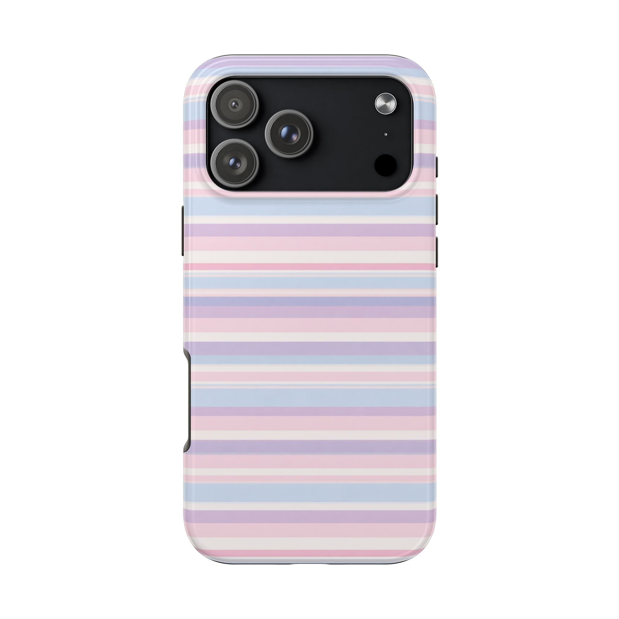 Pink pastel striped phone case, back view with camera lenses and flash window