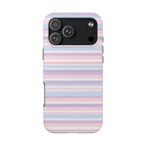 Pink pastel striped phone case, back view with camera lenses and flash window