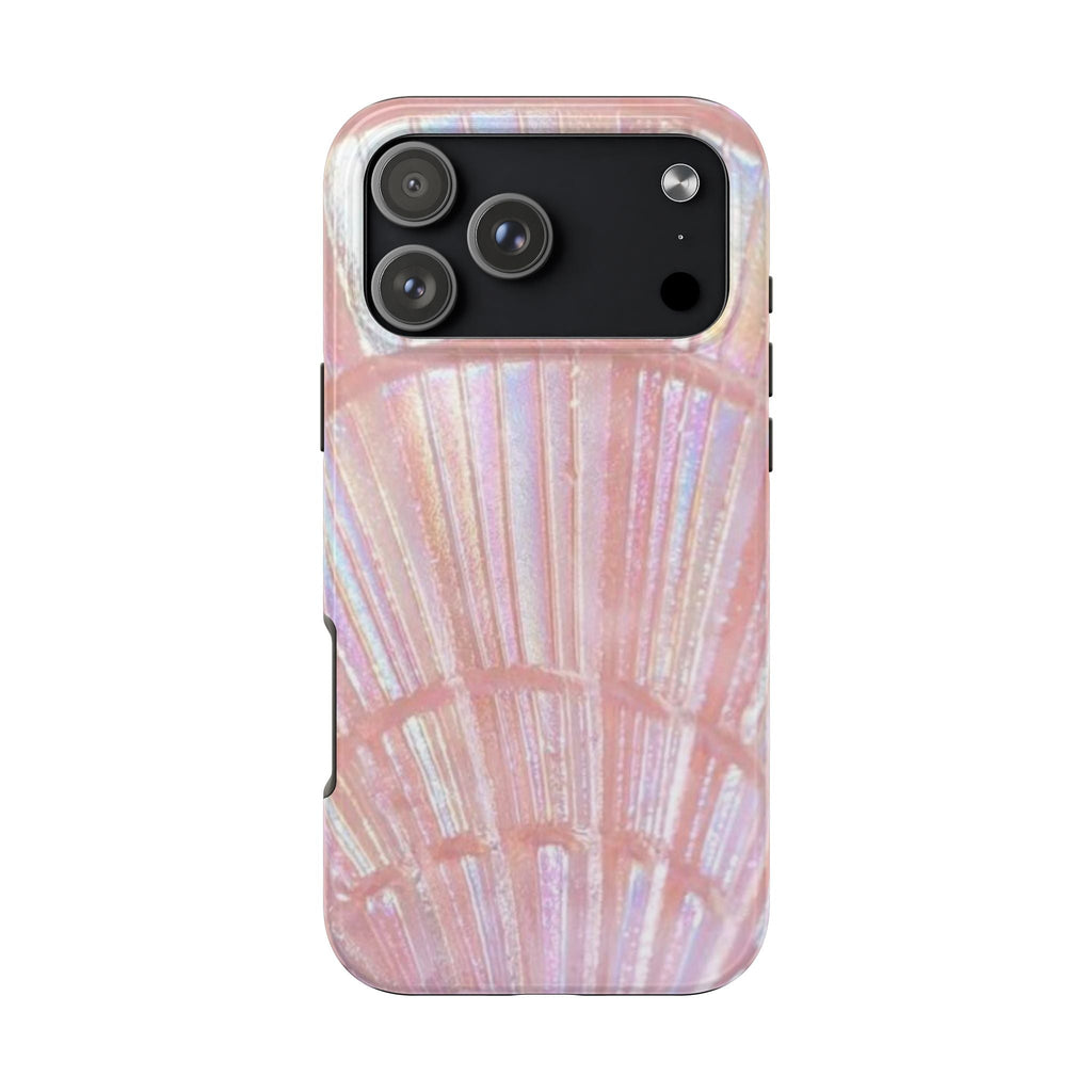 Pink pearl sea shell phone case, iridescent striped back with camera bump cutout