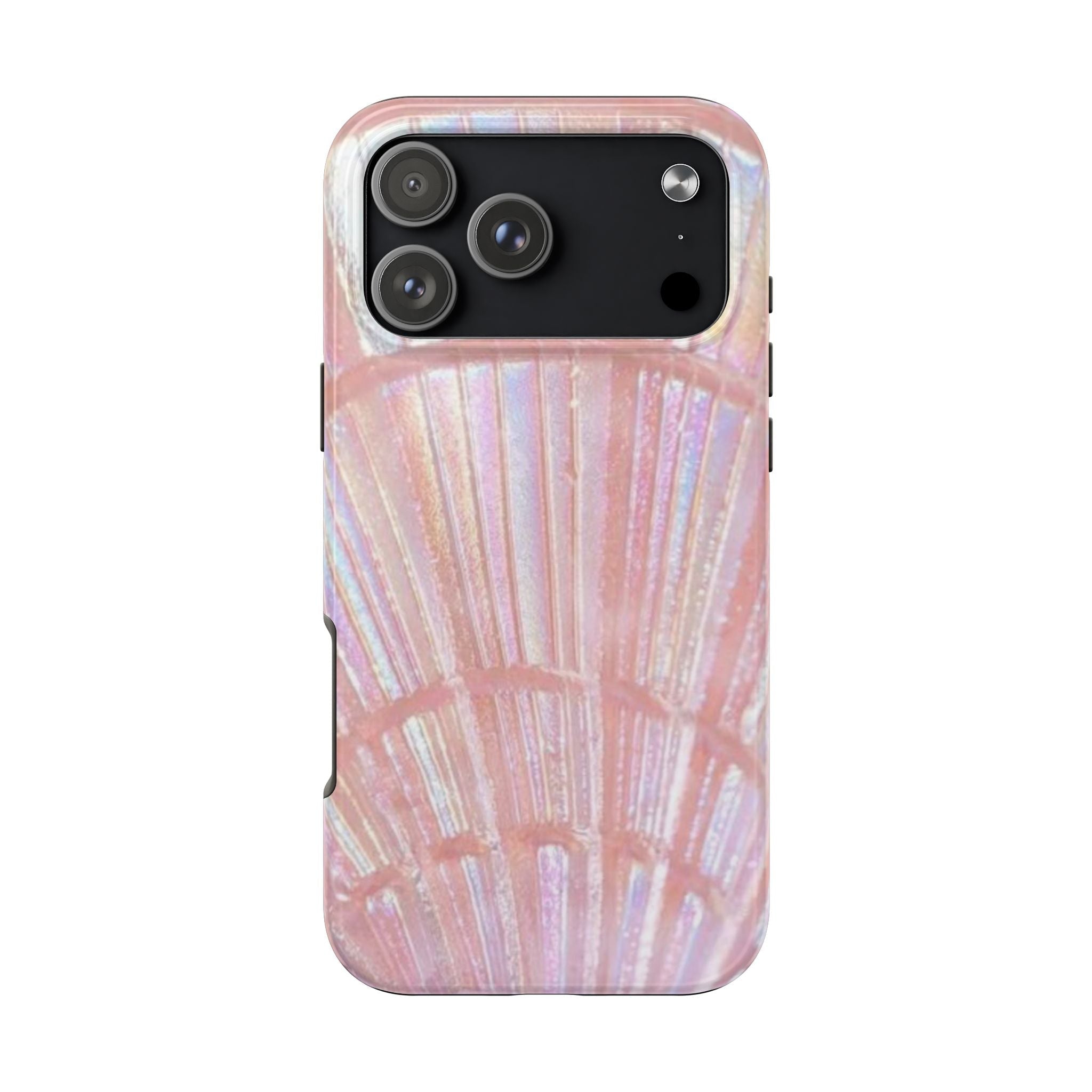Pink pearl sea shell phone case, iridescent striped back with camera bump cutout