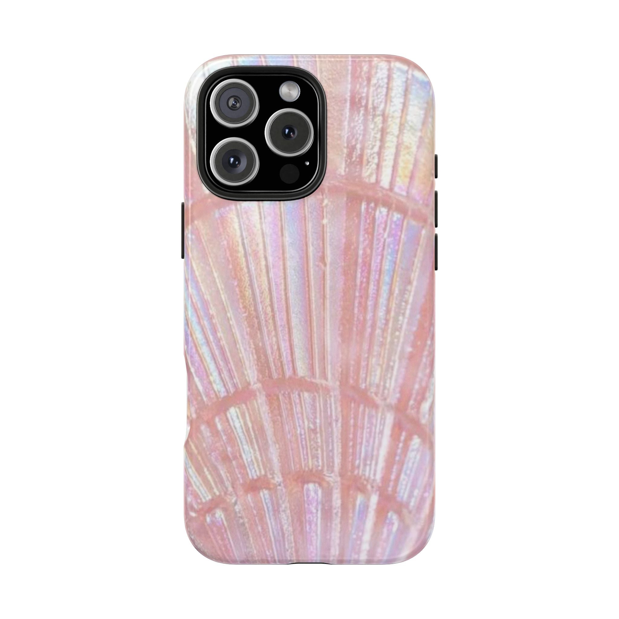 Pink pearl sea shell phone case with iridescent stripe texture, raised camera cutouts