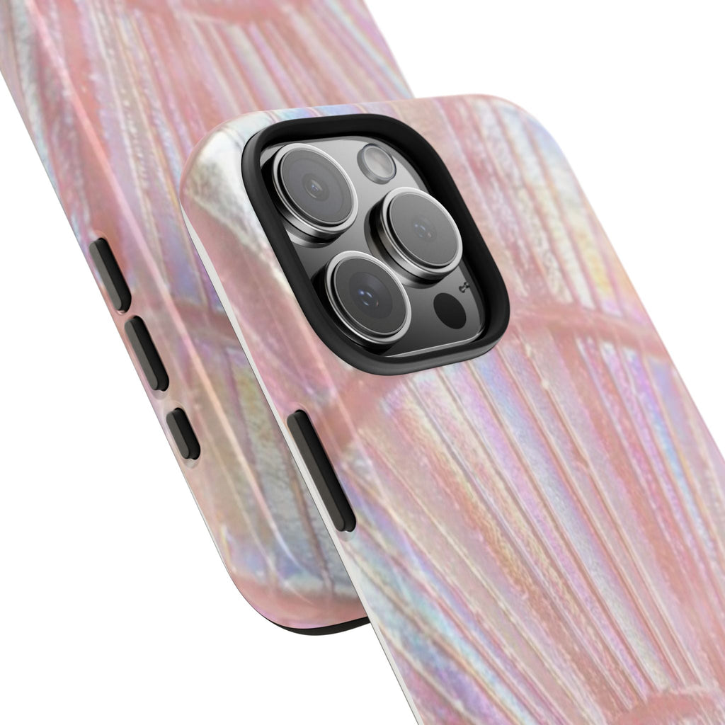 Pink pearl sea shell phone case closeup, iridescent stripes and camera lens openings