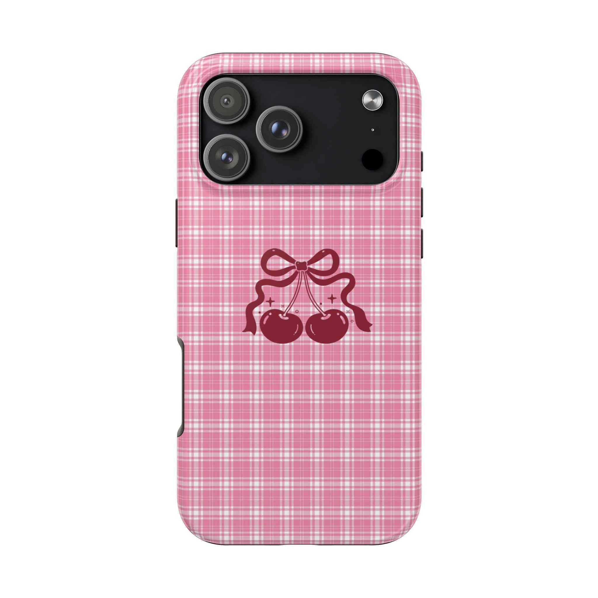Pink plaid phone case with cherry bow design and camera lens cutouts visible