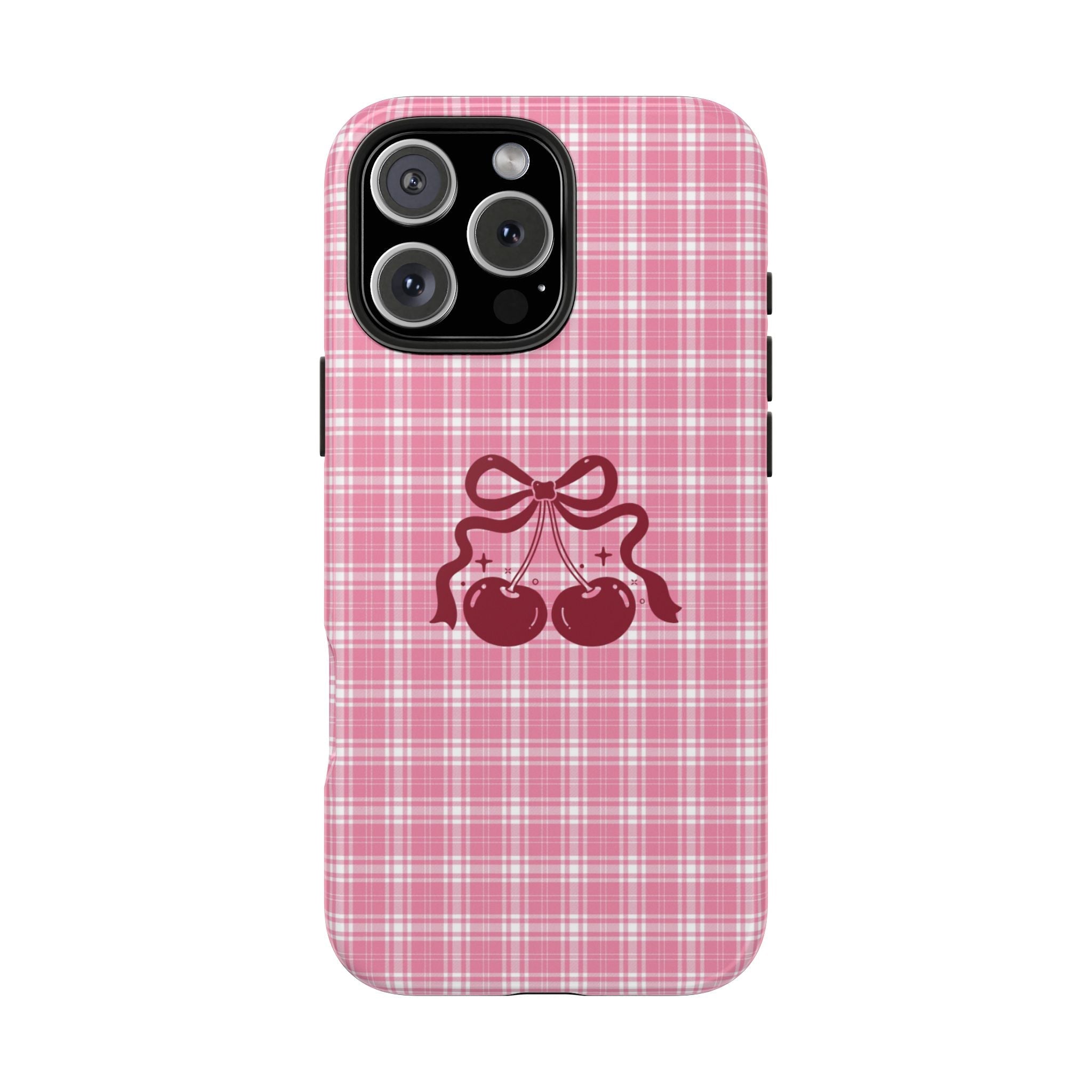 Pink plaid phone case with cherry bow graphic and camera cutout