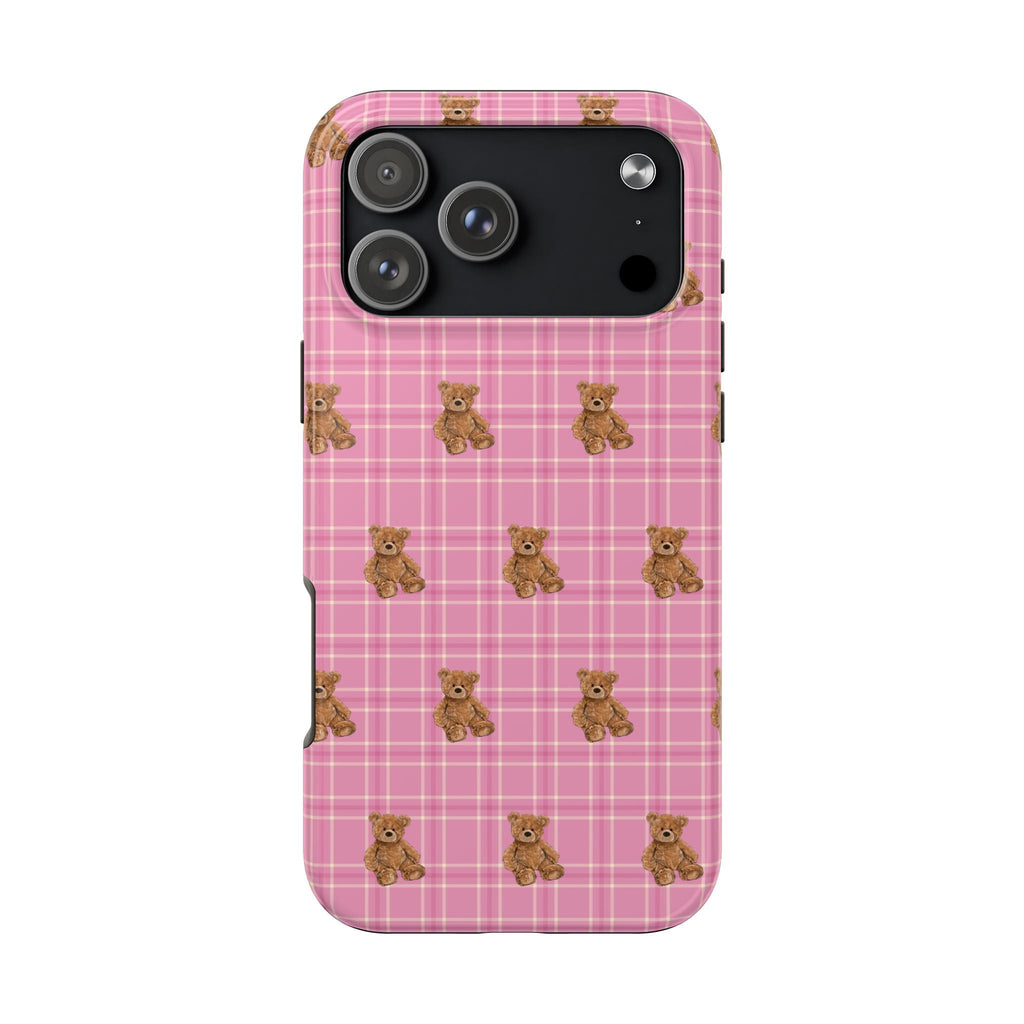 Pink plaid phone case with teddy bear pattern, cutouts for camera and flash