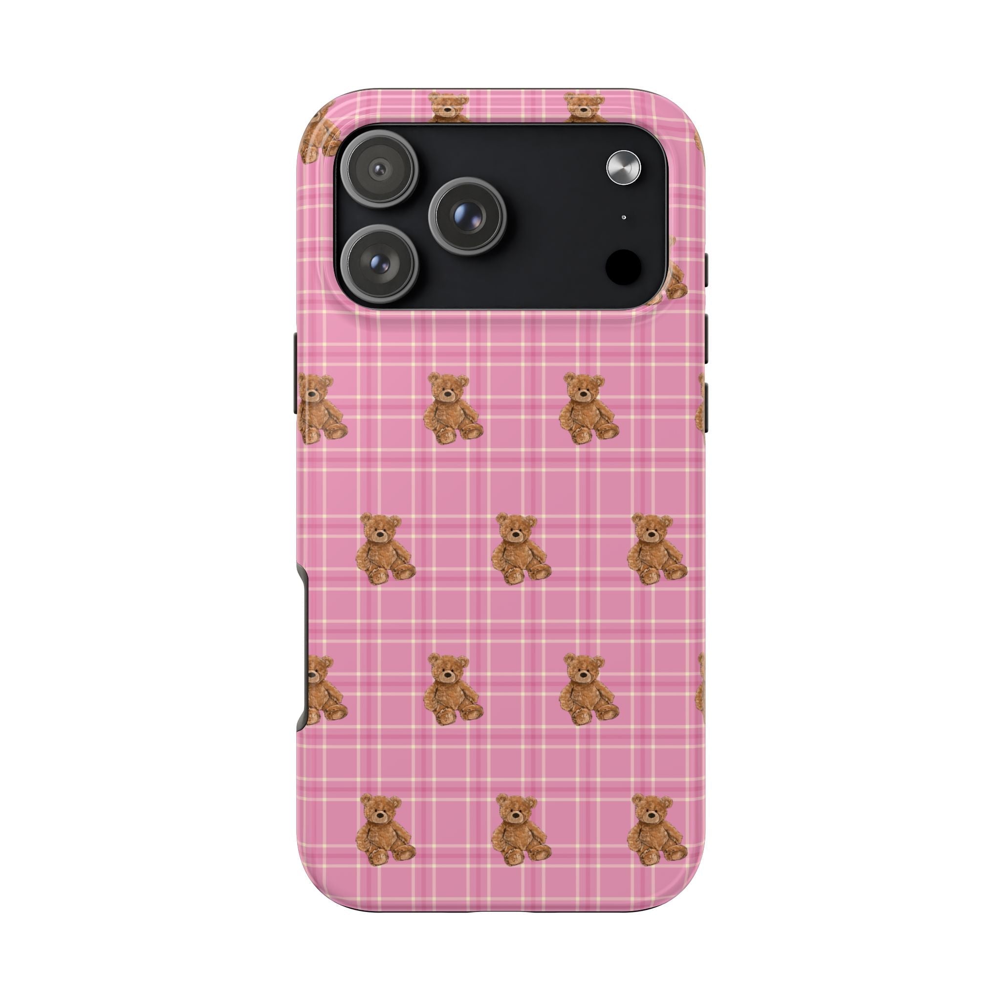Pink plaid phone case with teddy bear pattern, cutouts for camera and flash