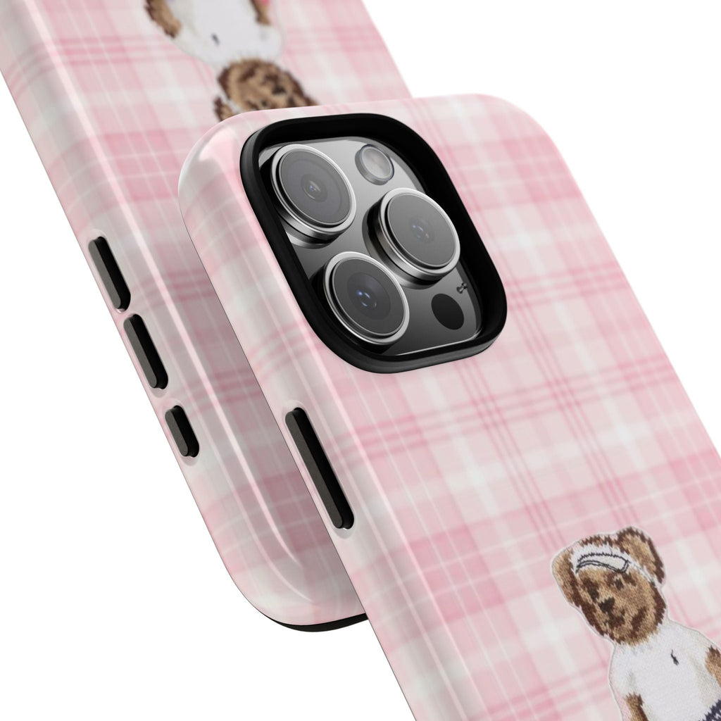 Pink plaid phone case showing camera cutout and side buttons with teddy bear motif