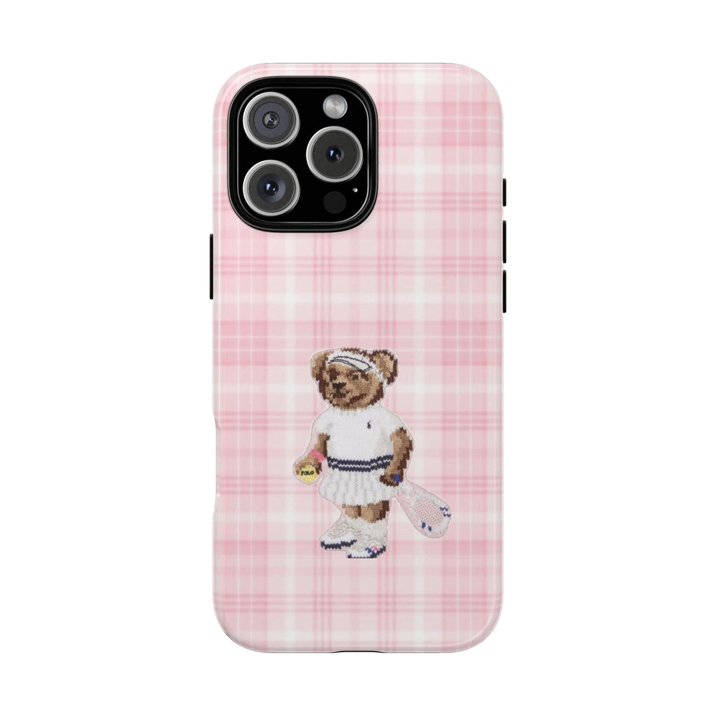 Pink plaid phone case with cute teddy bear tennis girl applique on back