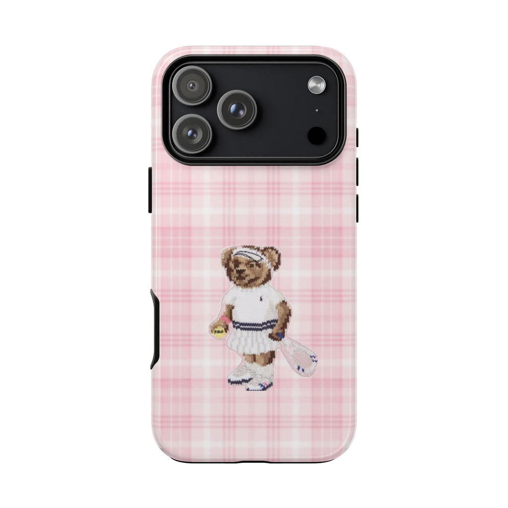 Pink plaid phone case, teddy bear tennis girl character design on back