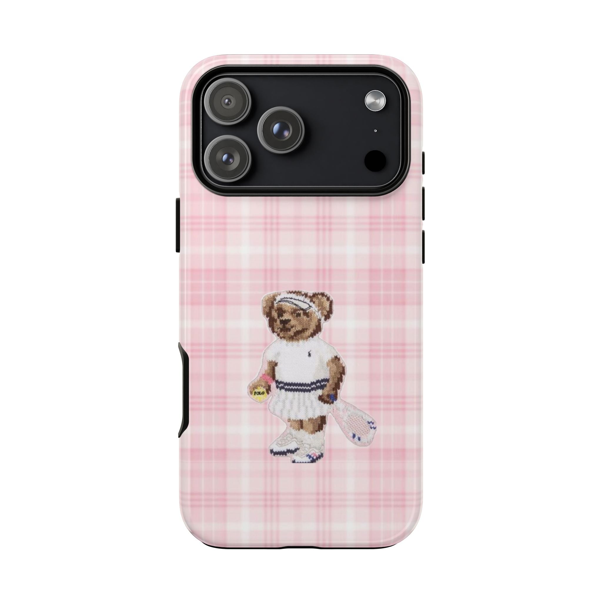 Pink plaid phone case, teddy bear tennis girl character design on back