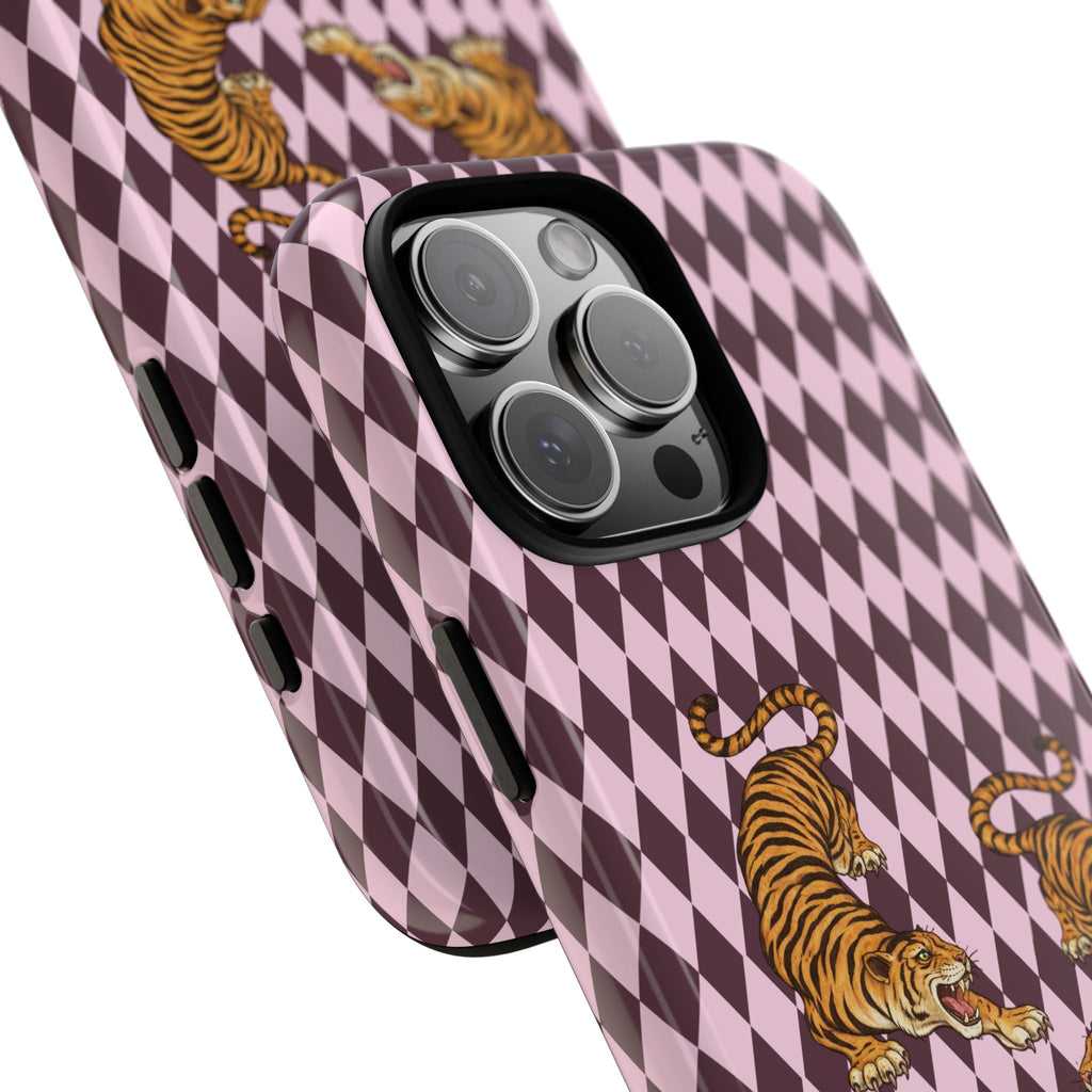 Side view pink diamond tiger phone case with camera bezel and cutouts