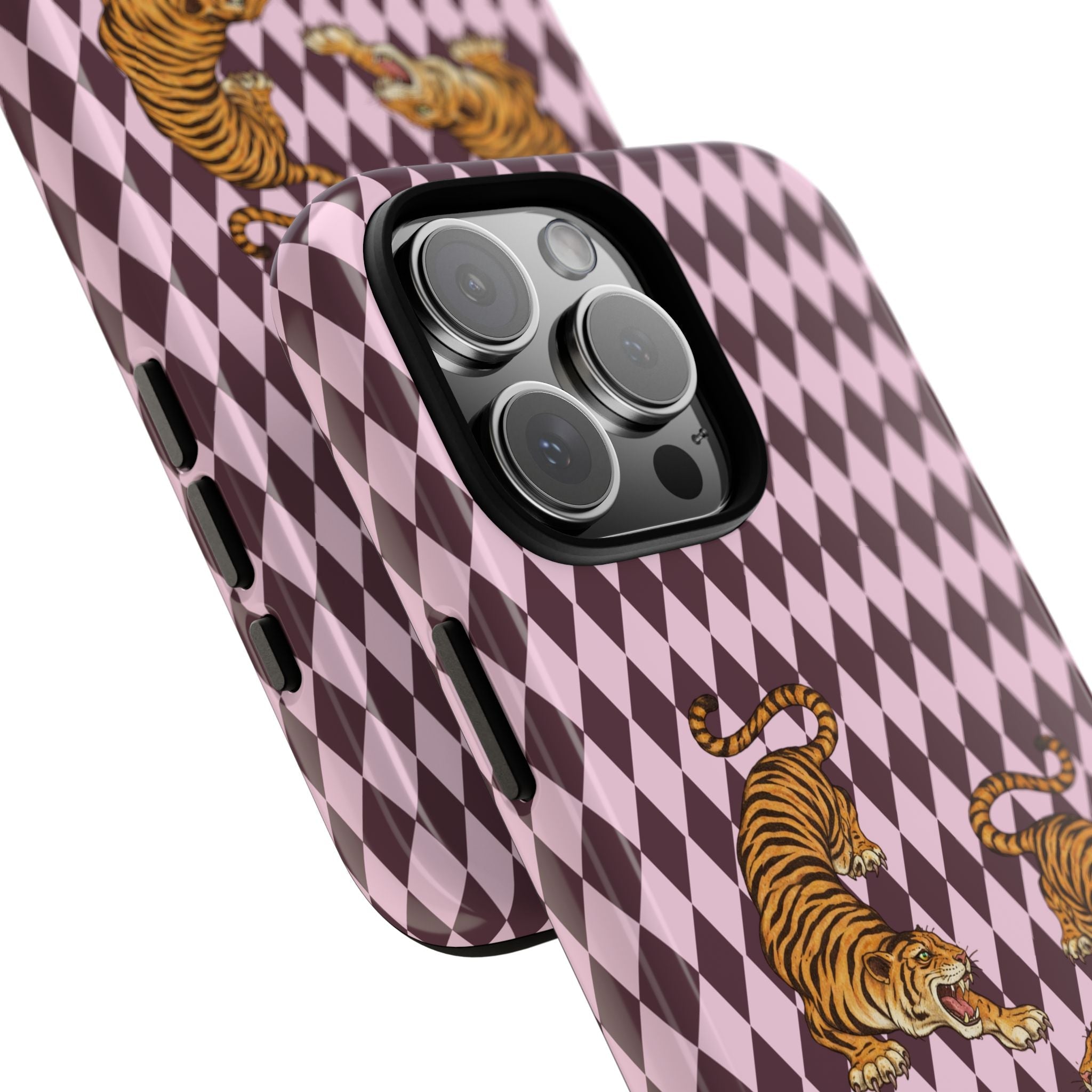 Side view pink diamond tiger phone case with camera bezel and cutouts
