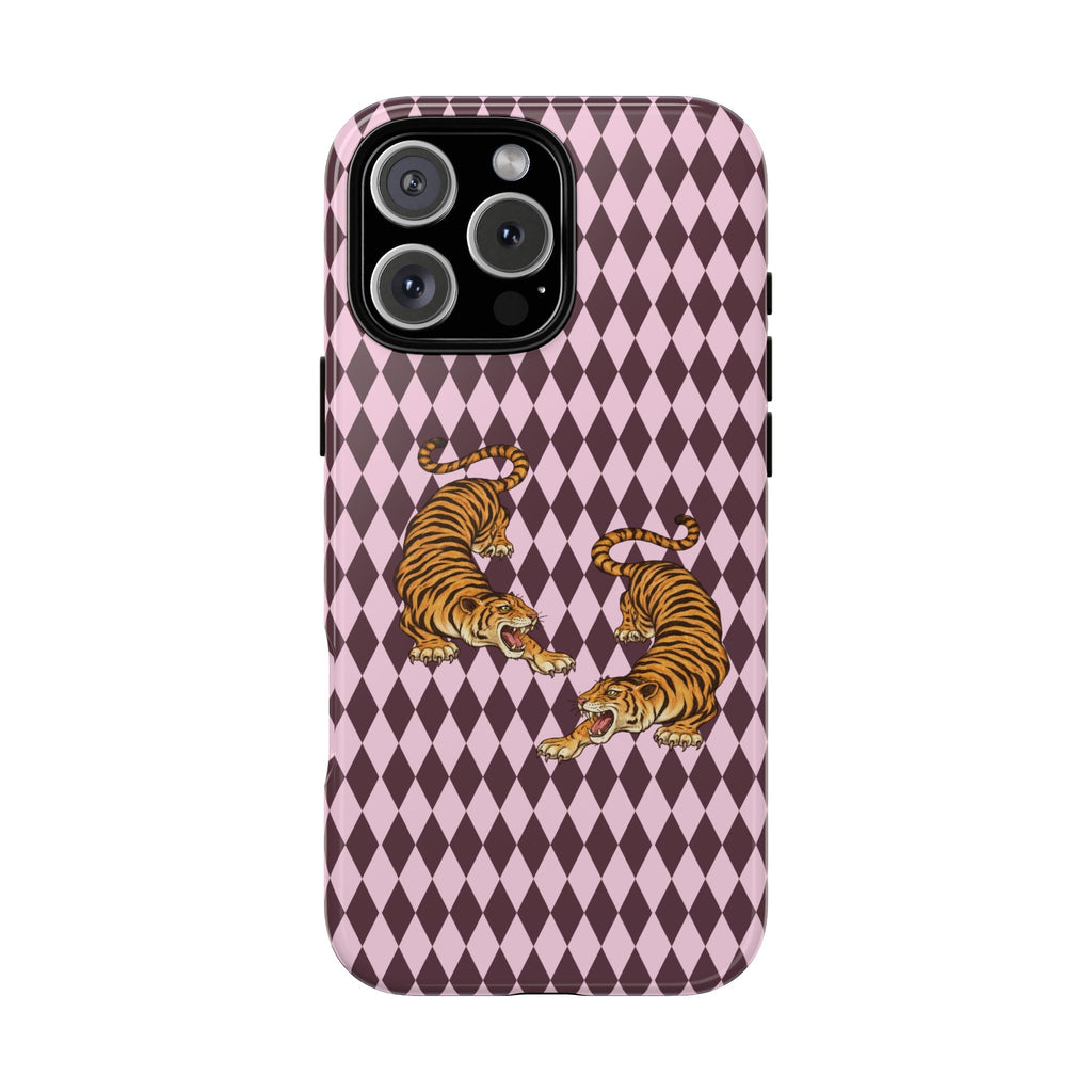 Pink & plum diamond tiger phone case with tiger motif, full back cover