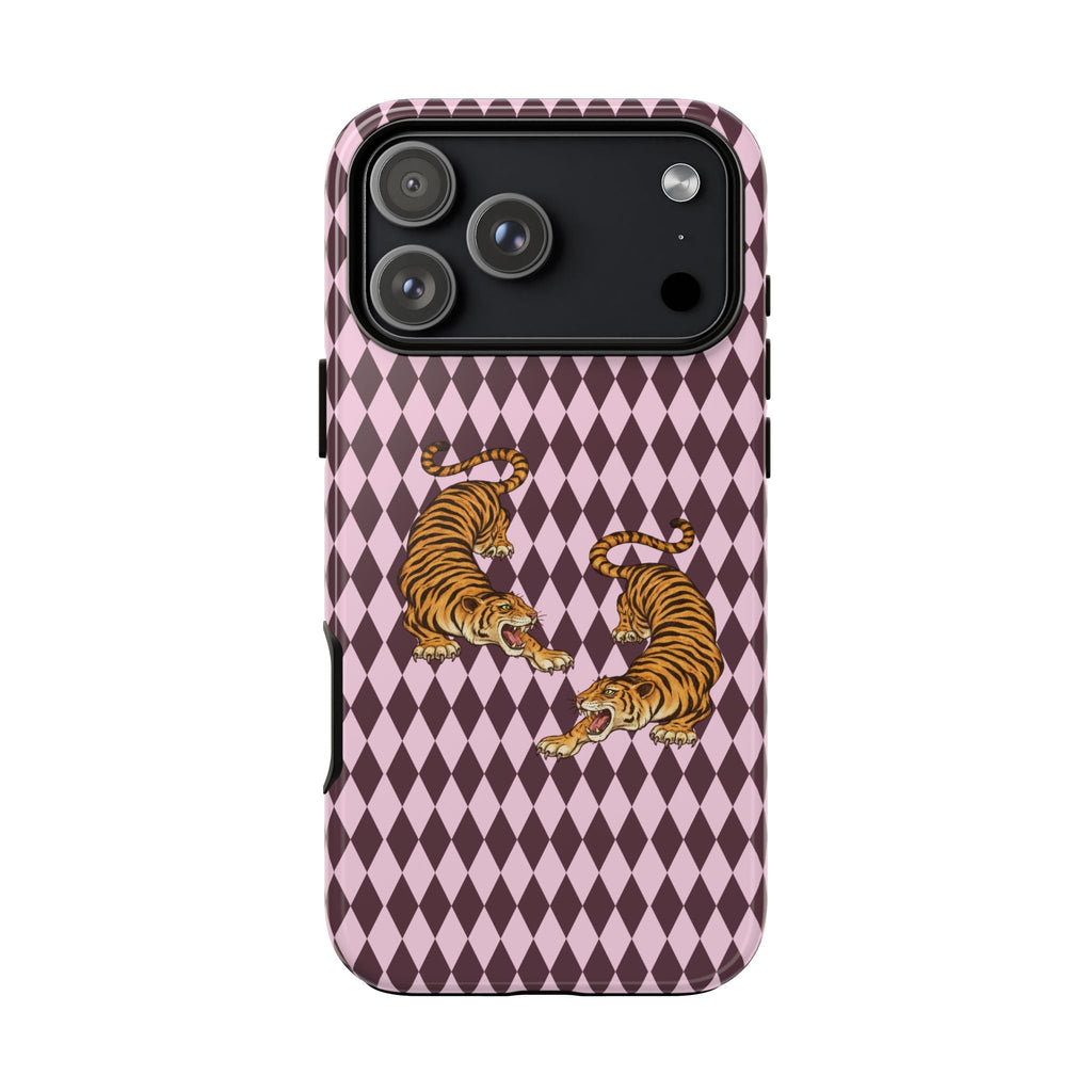 Diamond pattern phone case with tiger artwork and camera cutouts, pink plum