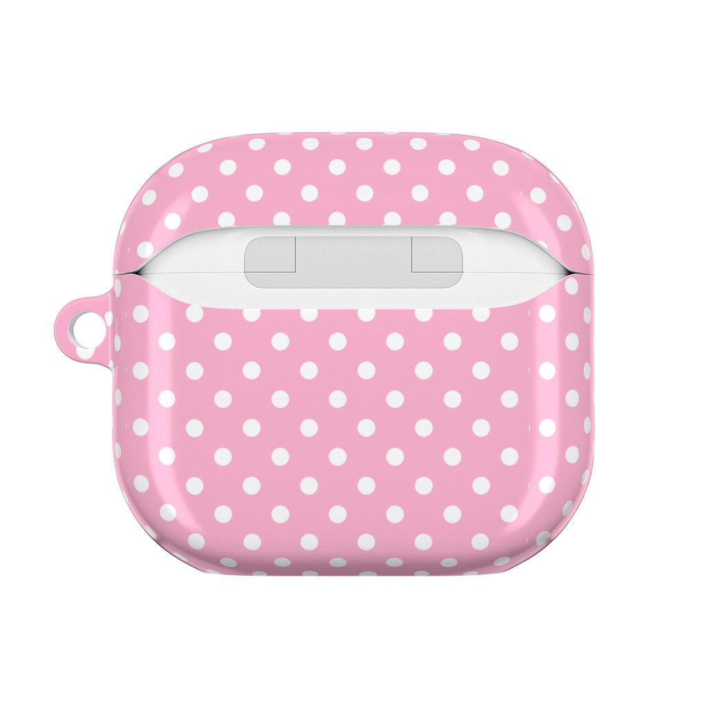 Pink polka dot AirPods case, closed, with charging port cutout