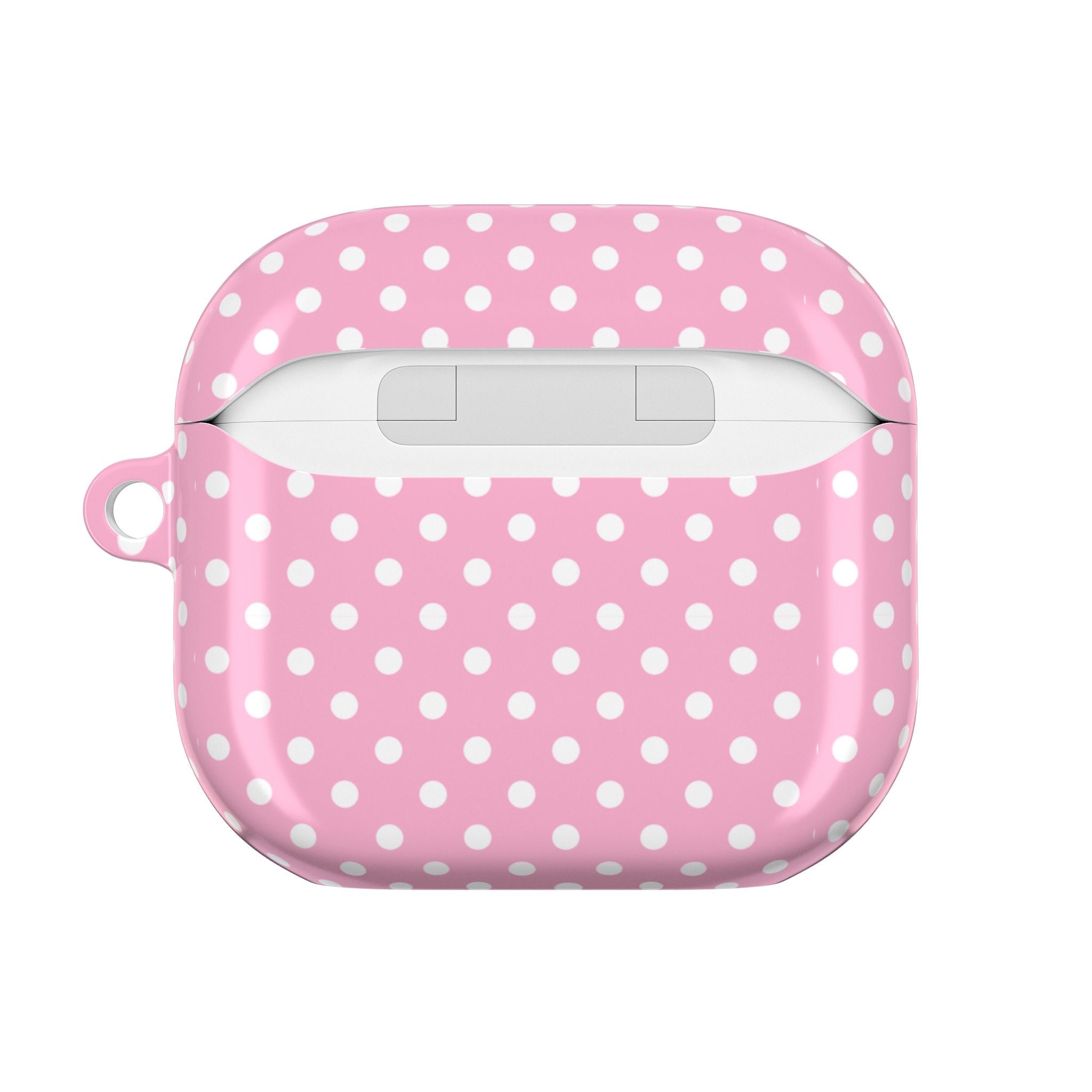 Pink polka dot AirPods case, closed, with charging port cutout