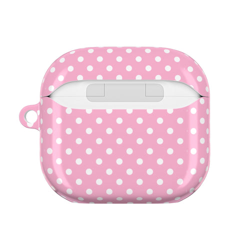 Pink polka dot AirPods case, closed, with charging port cutout