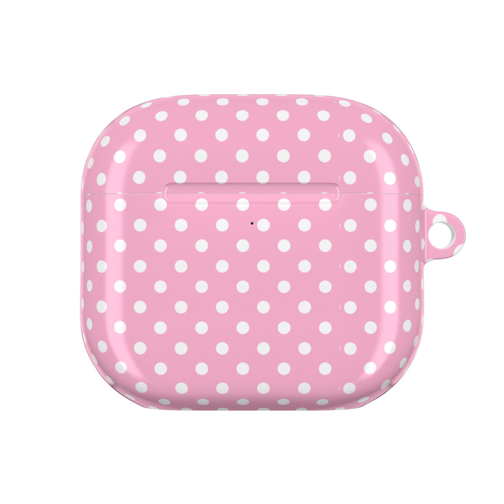 Pink polka dot AirPods case back view with side strap loop