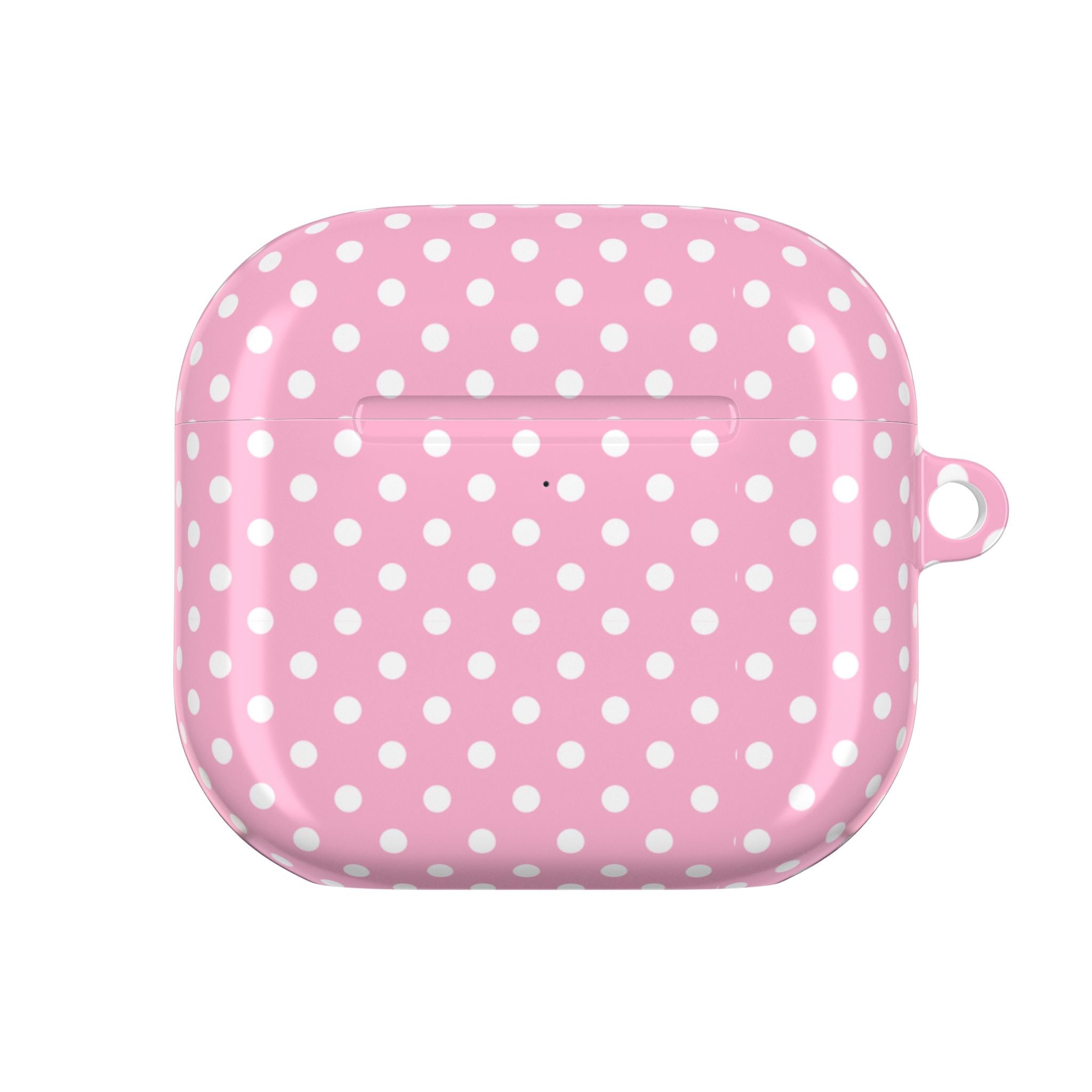 Pink polka dot AirPods case back view with side strap loop