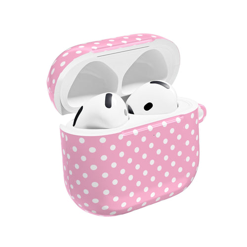 Pink polka dot AirPods case with open lid and earbuds inside