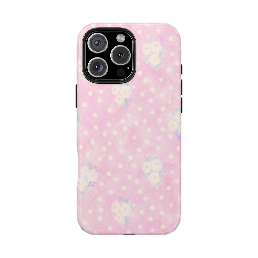 Pink polka dot floral phone case, back view with raised camera lenses