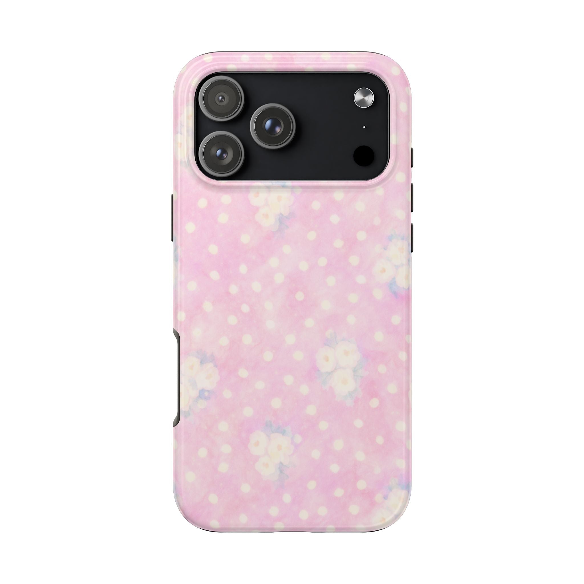 Pink phone case with white polka dots and small floral accents; camera cutout